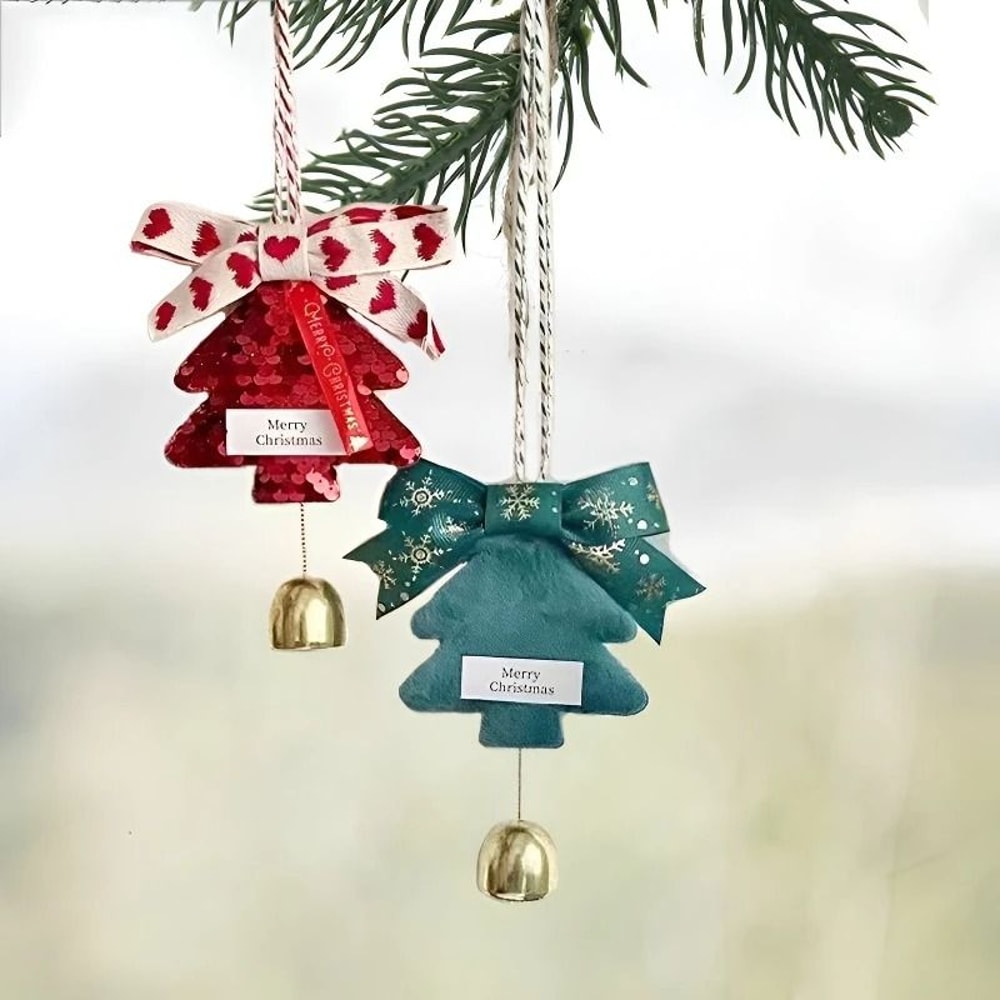 Christmas Tree Hanging Ornaments With Bows And Golden Caps 2