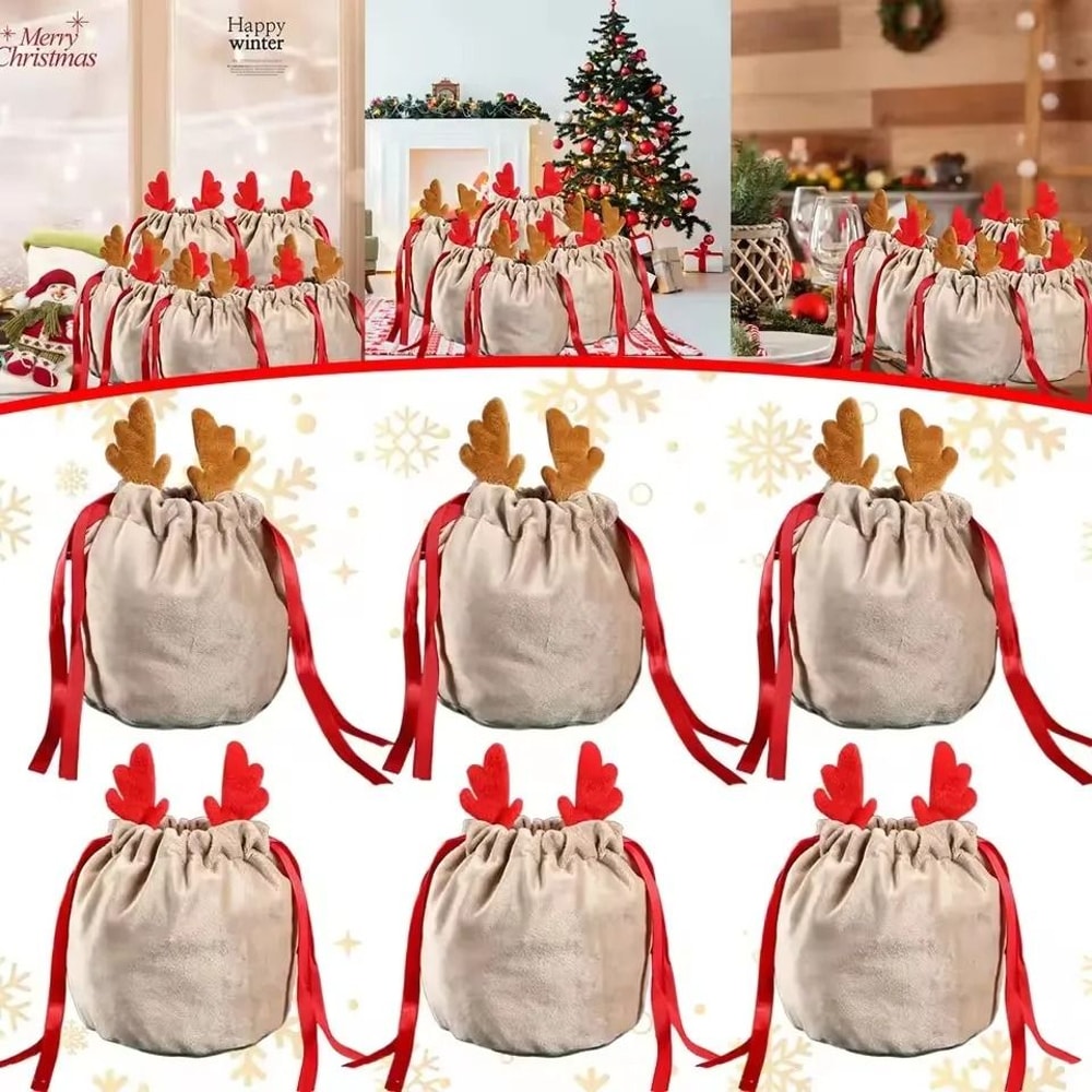 Velvet Reindeer Drawstring Gift Bags 0