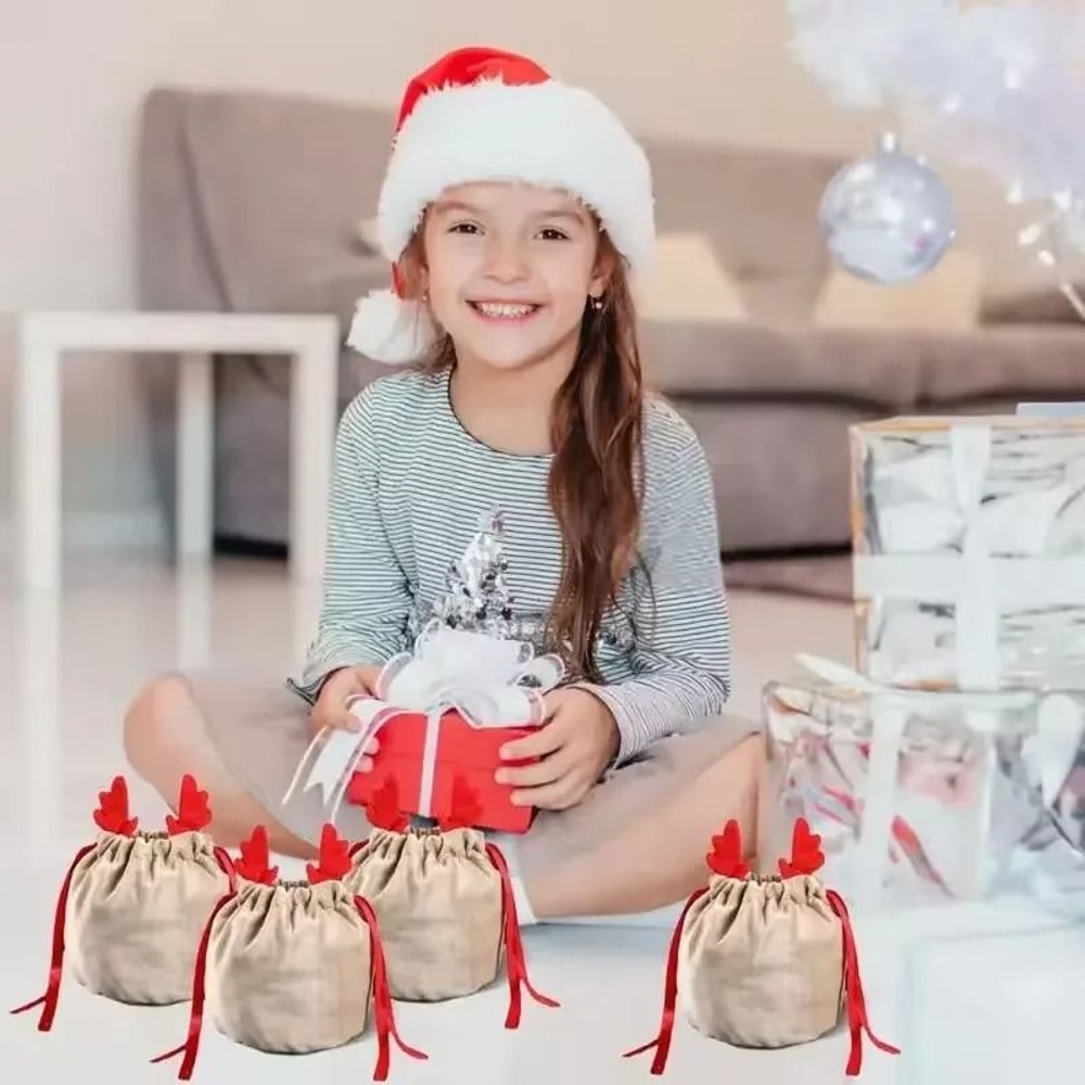 Velvet Reindeer Drawstring Gift Bags 1