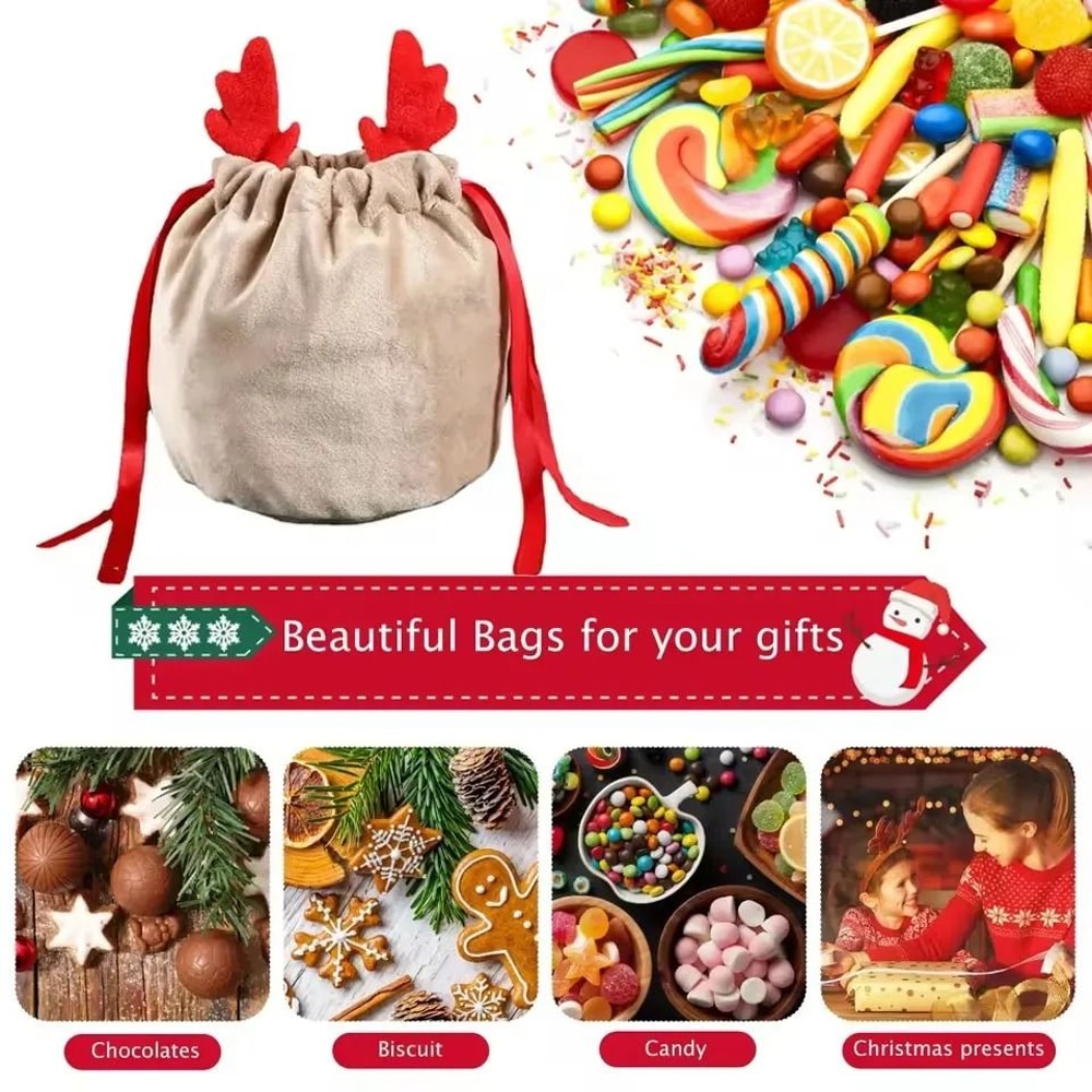 Velvet Reindeer Drawstring Gift Bags 2