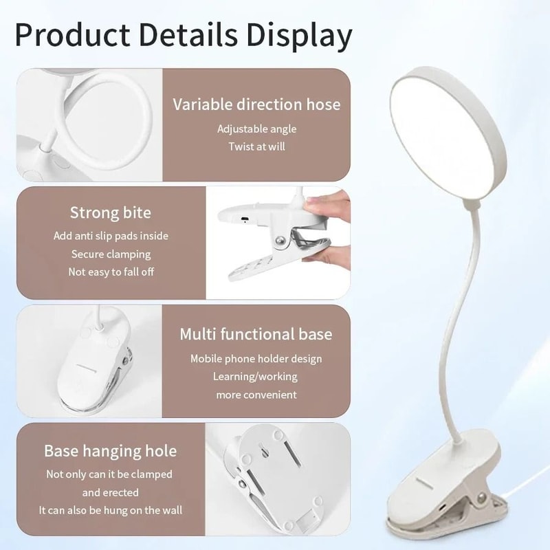 LED Clip On Desk Lamp Rechargeable Touch Dimming Eye Protection Light 5