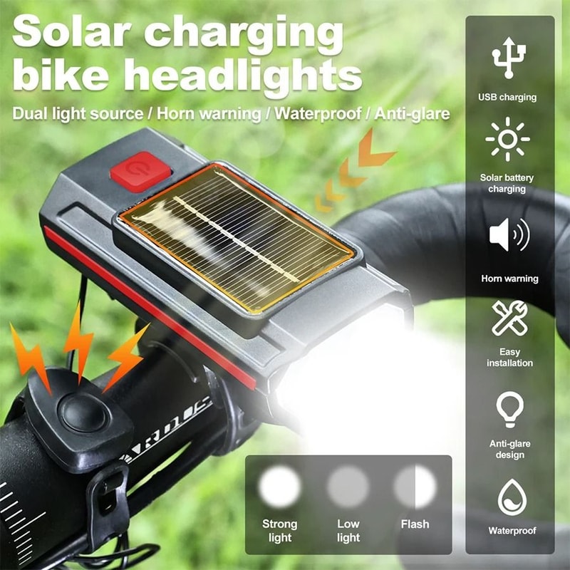 Solar Bicycle Front Light With Horn And USB C Charging 4