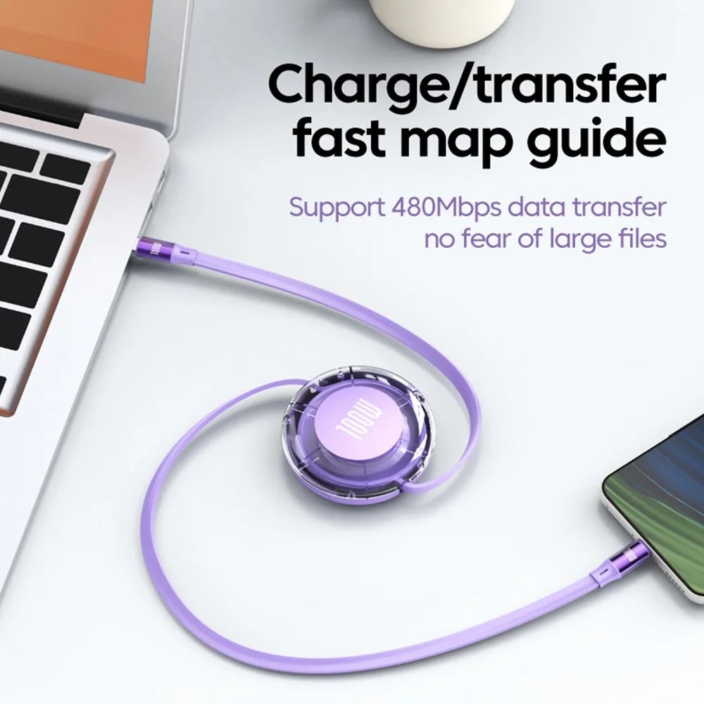 100W PD Retractable USB Type C To Type C Fast Charging Cable 5