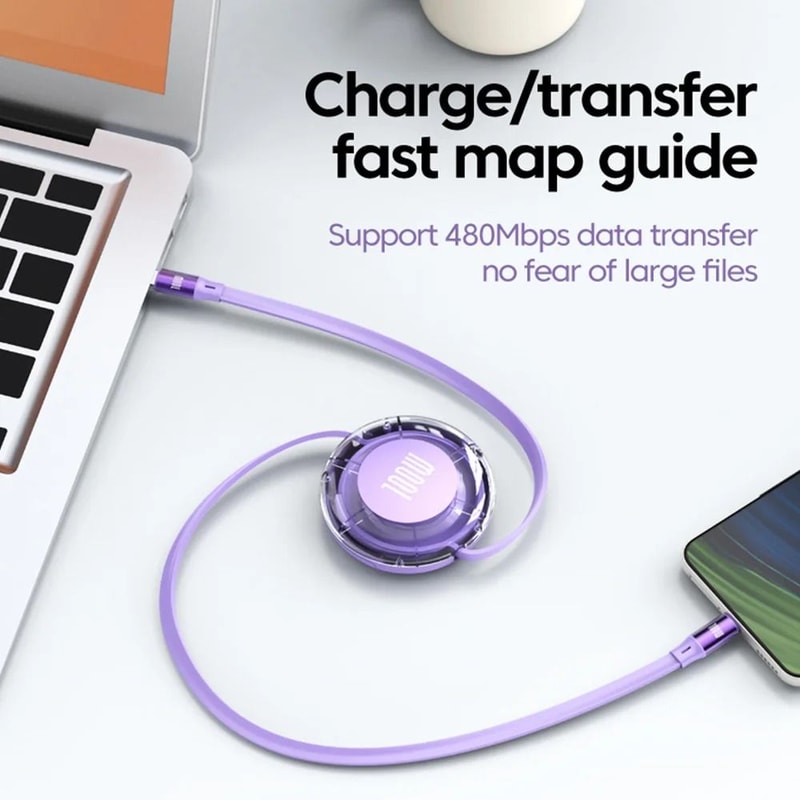 100W PD Retractable USB Type C To Type C Fast Charging Cable 5