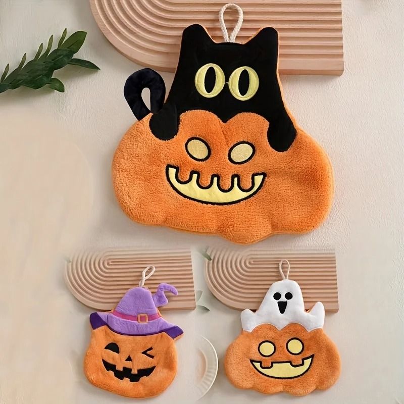 Halloween Cute Pumpkin Coral Velvet Hanging Hand Towel 3