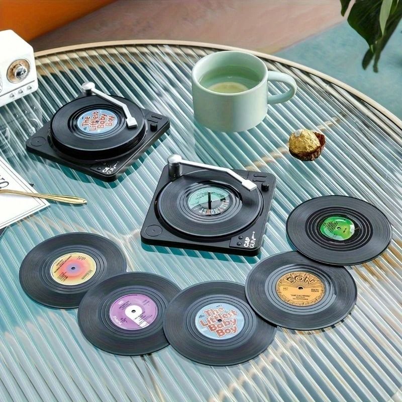 6 Piece Retro Vinyl Record Coaster Set With Storage Rack 1