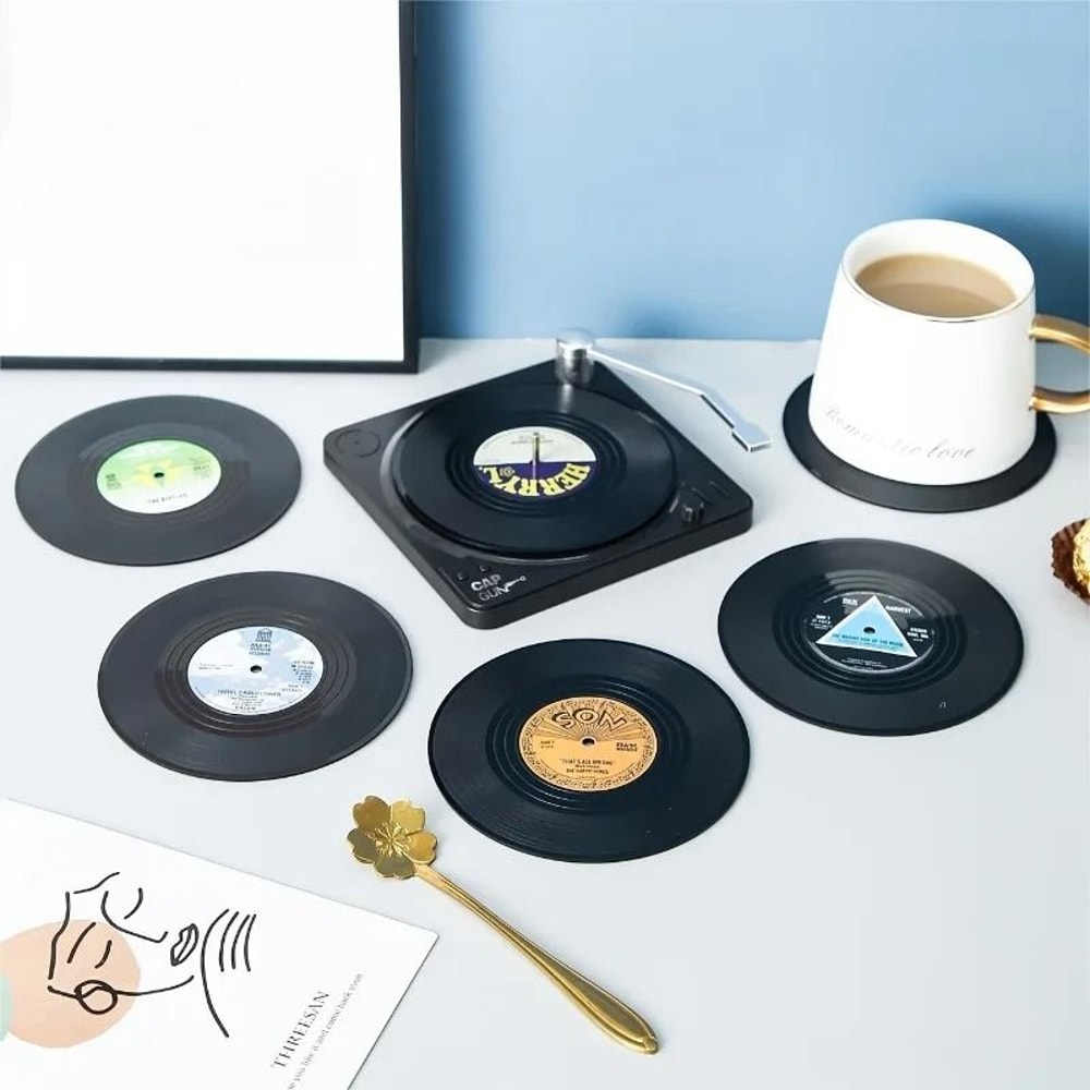 6 Piece Retro Vinyl Record Coaster Set With Storage Rack 4