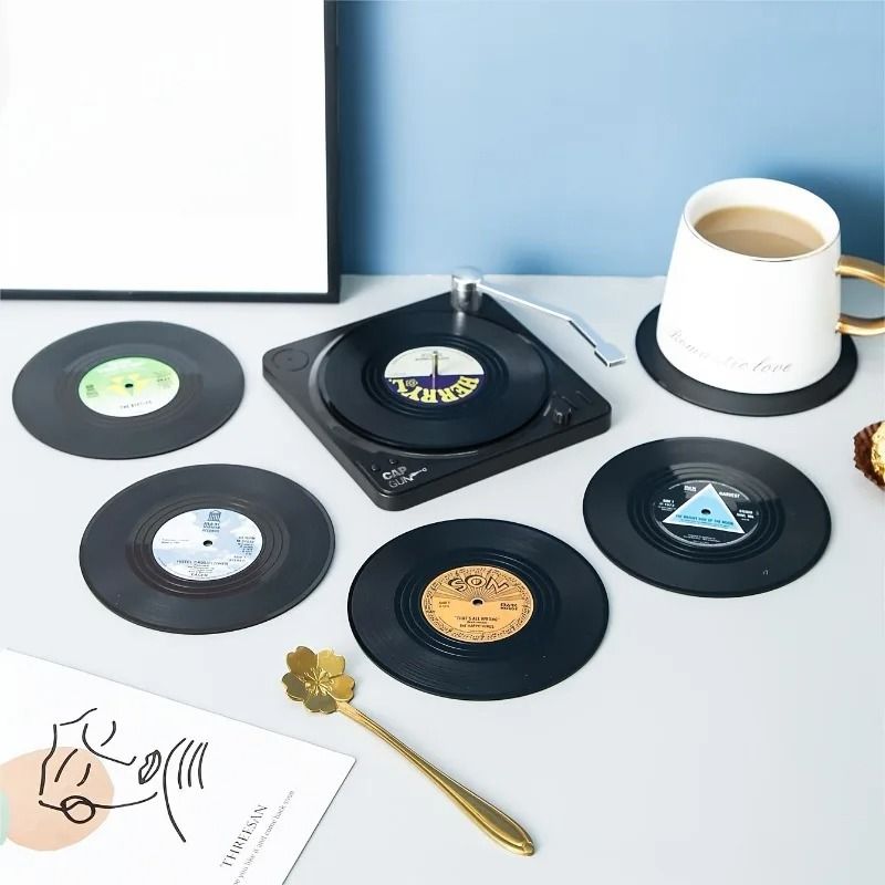 6 Piece Retro Vinyl Record Coaster Set With Storage Rack 4