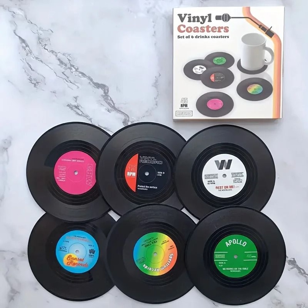 6 Piece Retro Vinyl Record Coaster Set With Storage Rack 5