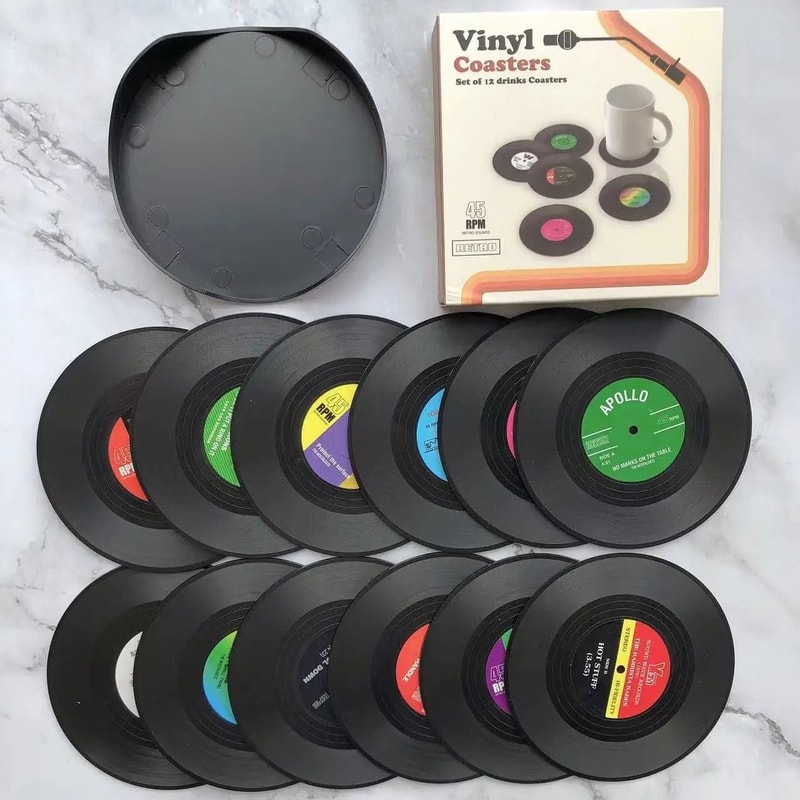 6 Piece Retro Vinyl Record Coaster Set With Storage Rack 7
