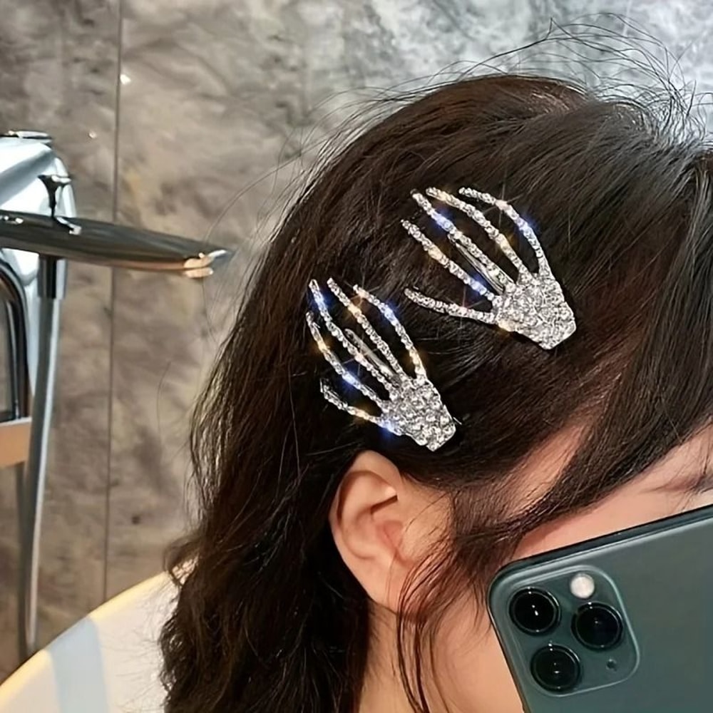 2 Piece Rhinestone Skeleton Hand Hair Clips 0