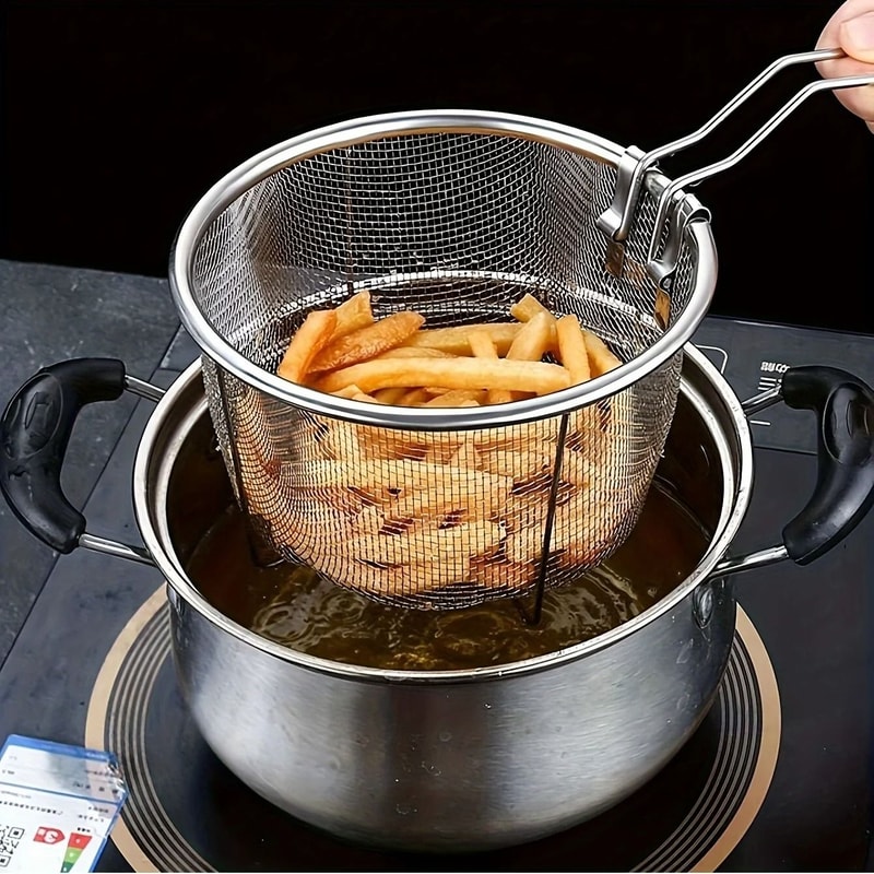 Foldable Stainless Steel Deep Fryer And Noodle Basket 0