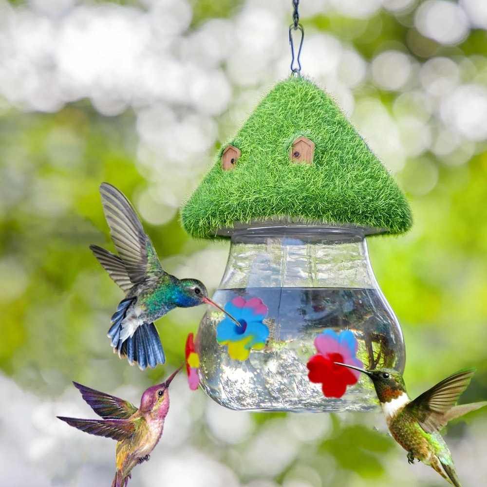 Hanging Hummingbird Feeder With Wind Chime And Mushroom Design 0