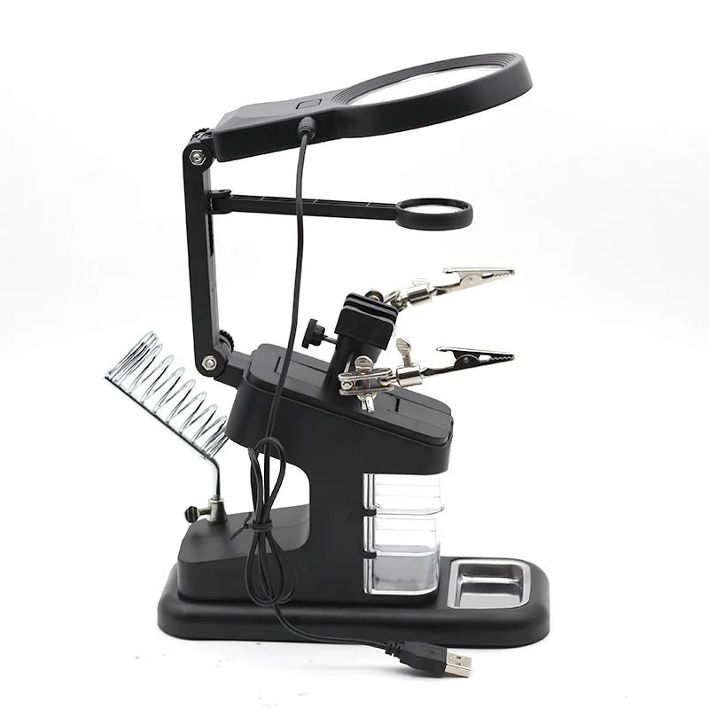 LED Light Magnifying Glass Soldering Stand With Adjustable Clips 0