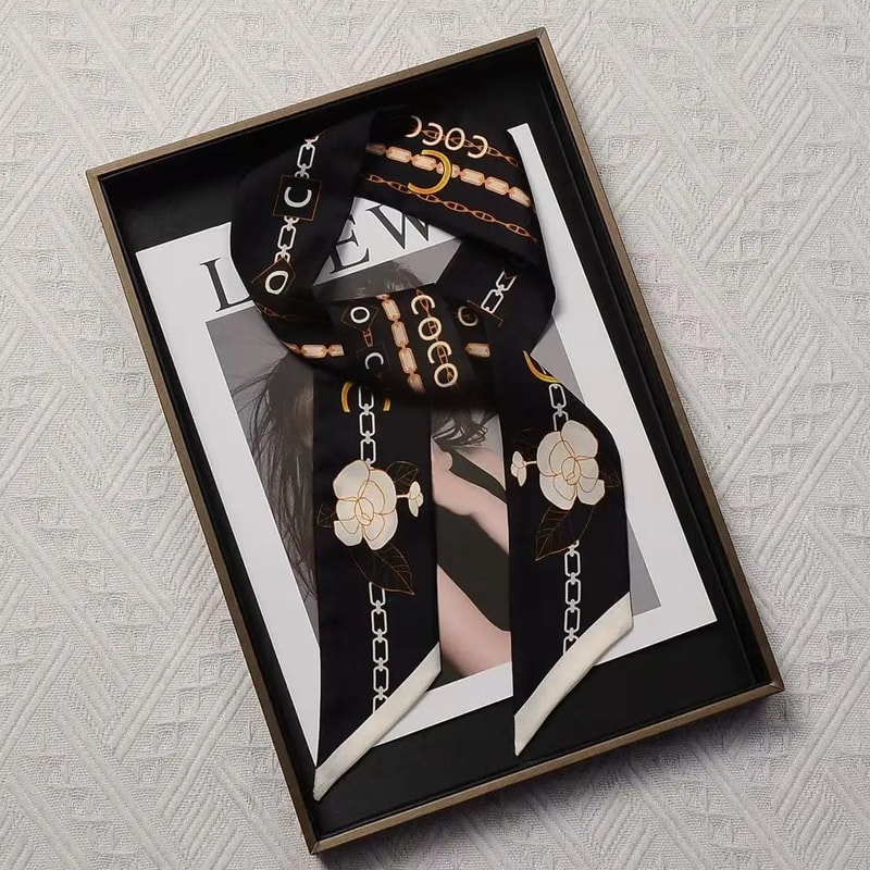 French Elegant Black And White Silk Ribbon Scarf 1