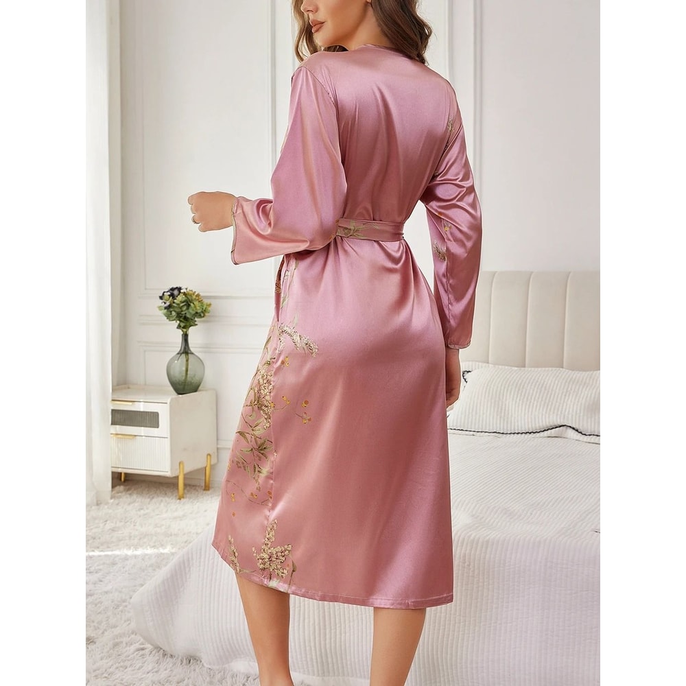 Elegant Floral Print Breathable Silk Loungewear Robe 1