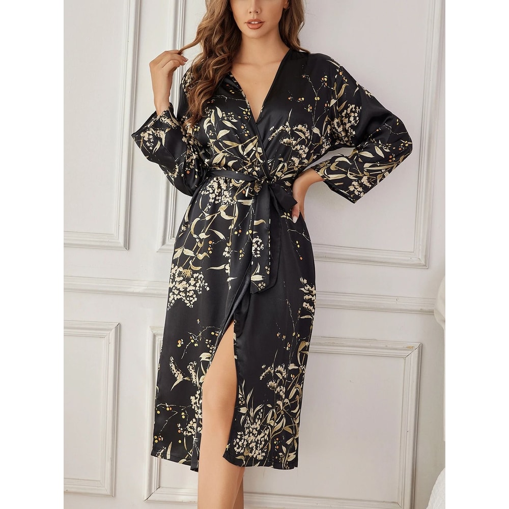 Elegant Floral Print Breathable Silk Loungewear Robe 3