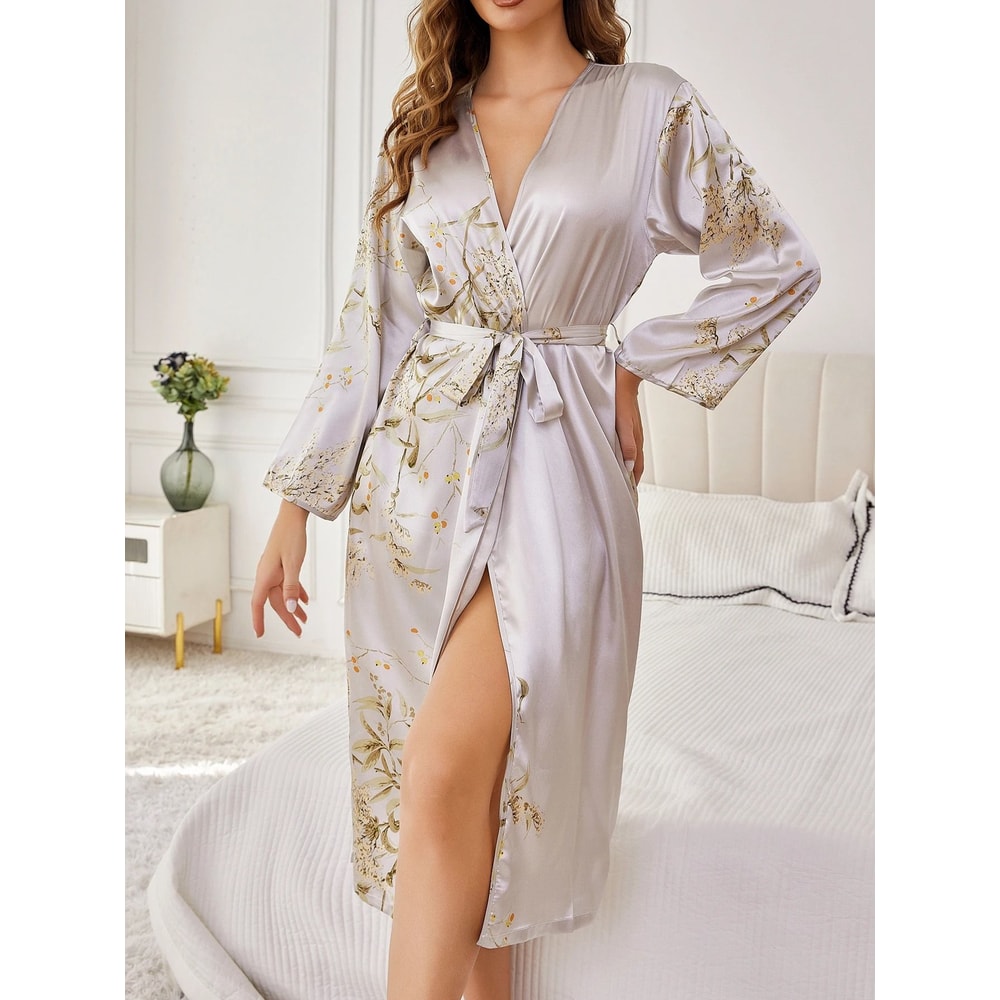 Elegant Floral Print Breathable Silk Loungewear Robe 10