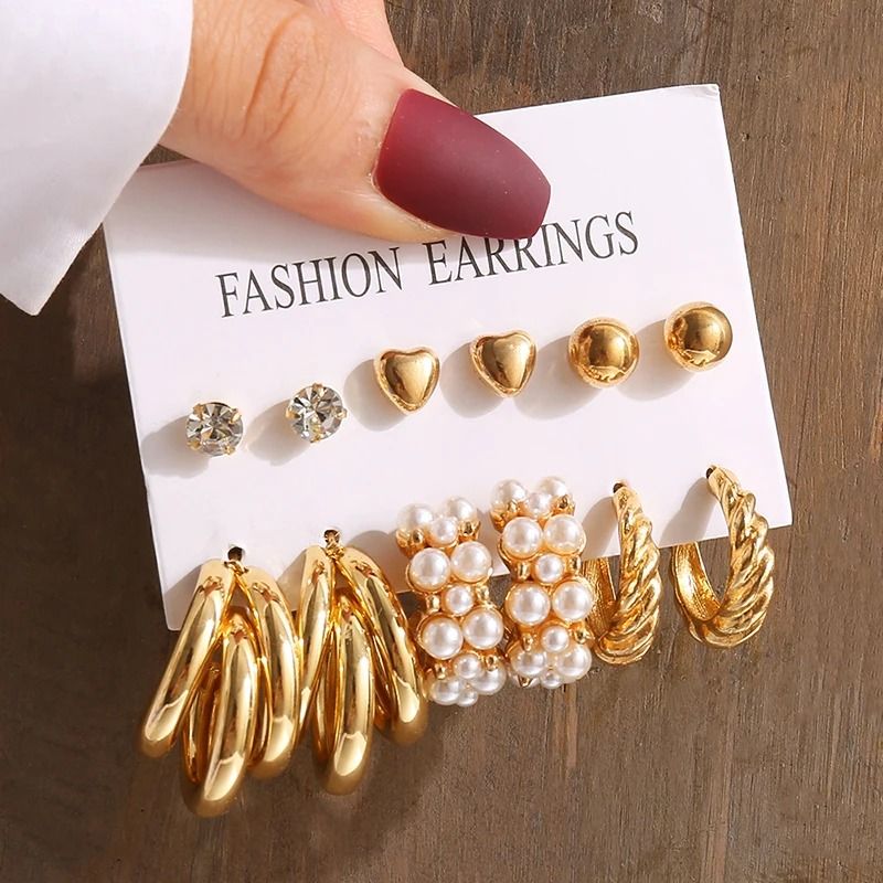 Vintage Gold Geometry Pearl Earring Set 16