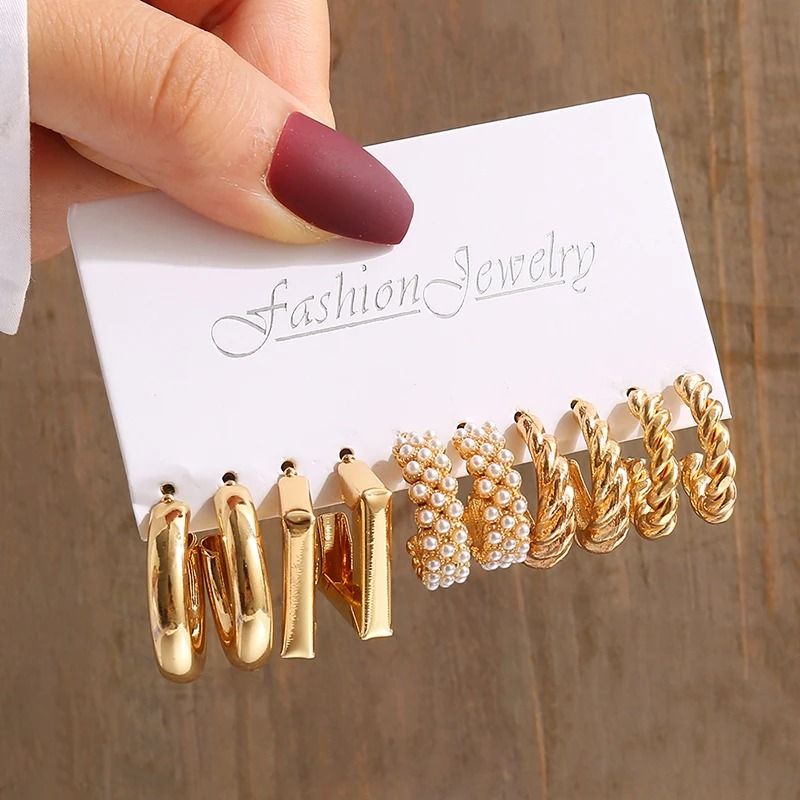 Vintage Gold Geometry Pearl Earring Set 19