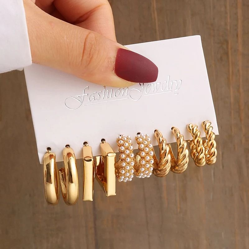 Vintage Gold Geometry Pearl Earring Set 8