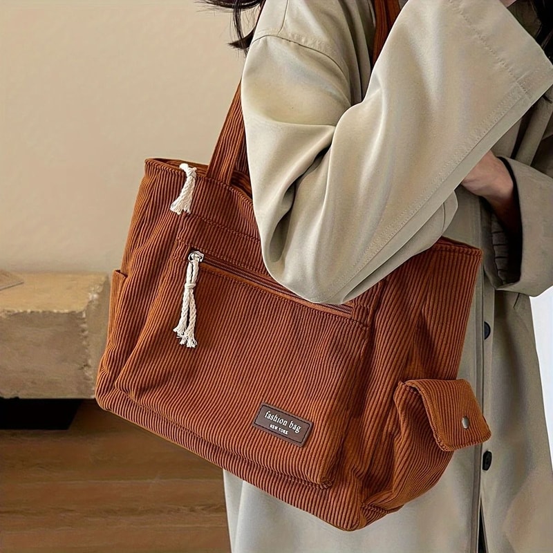 Textured Corduroy MultiPocket Shoulder Tote 9