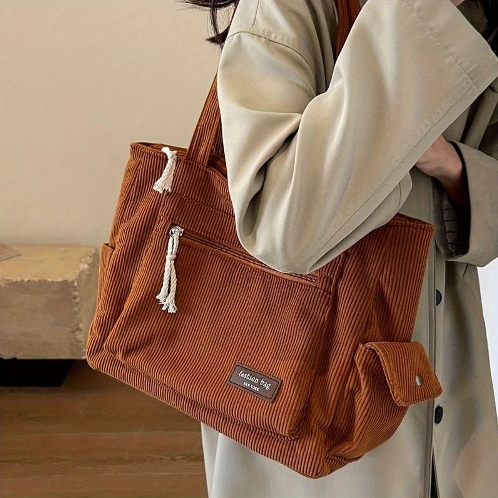Textured Corduroy MultiPocket Shoulder Tote 1