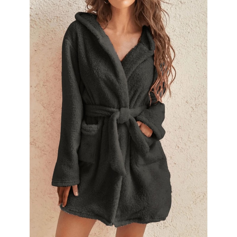 Womens Cozy Hooded Solid Color Fleece Robe 0