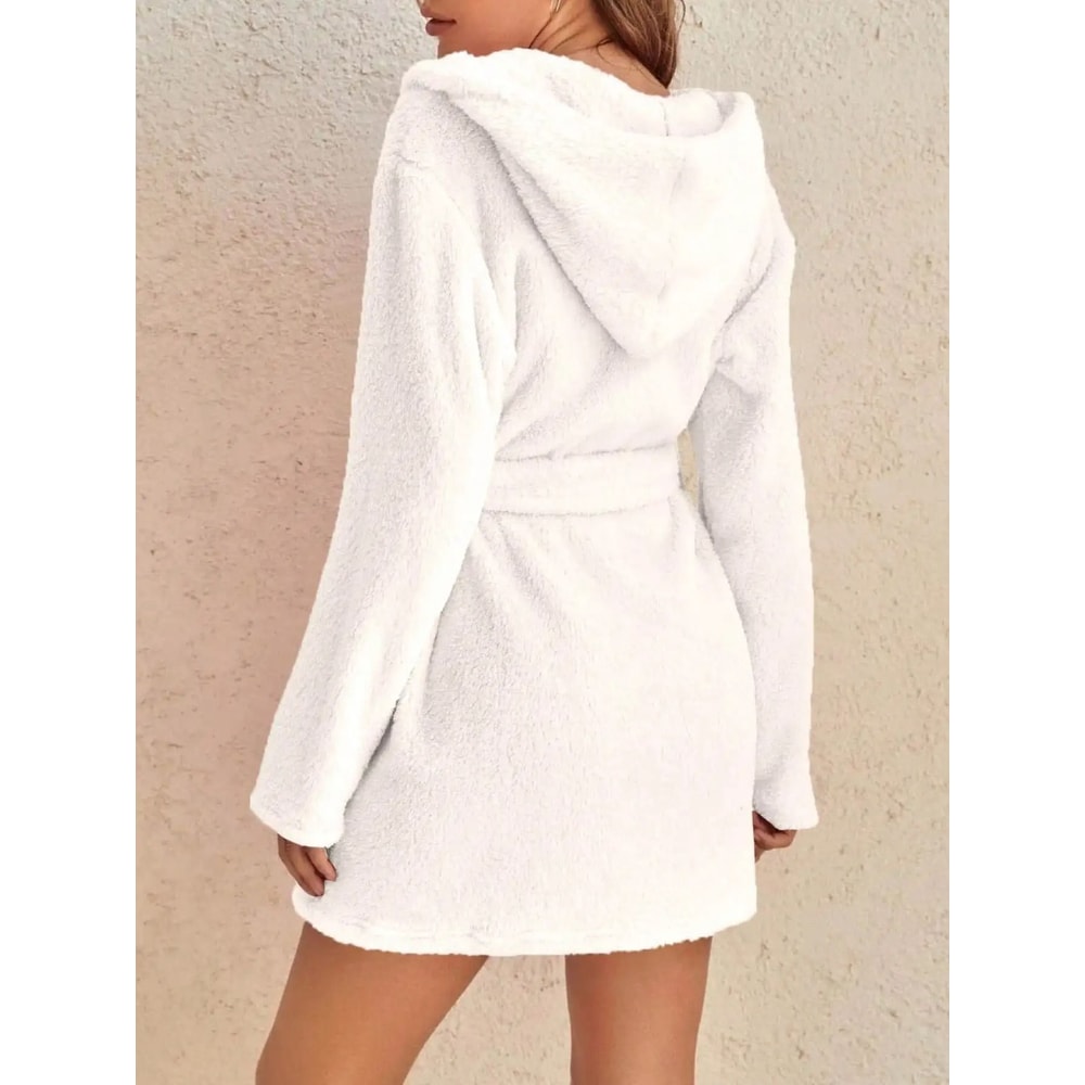 Womens Cozy Hooded Solid Color Fleece Robe 1