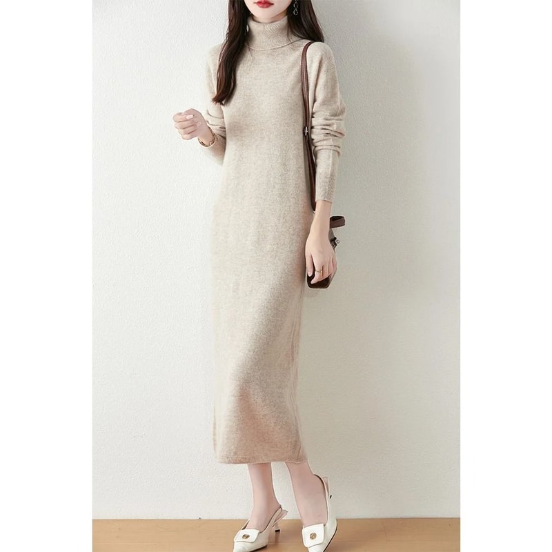 100 Merino Wool Turtleneck Knit Sweater Dress 3