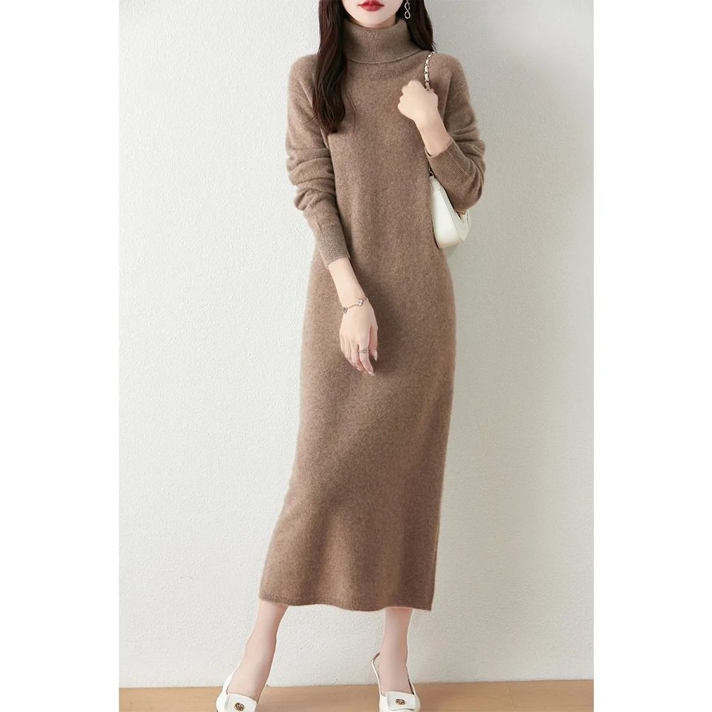 100 Merino Wool Turtleneck Knit Sweater Dress 10