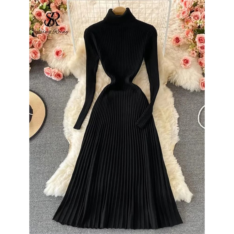 Pleated Knit Slim Bodycon Sweater Dress 1