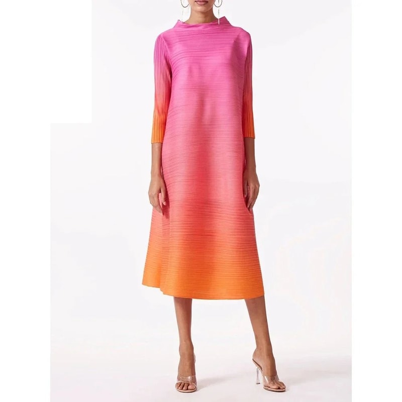 Gradient Pleated High Fashion Mid Calf Dress 5