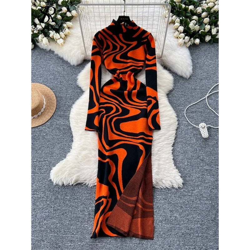 Geometric Print Zippered Bodycon Party Dress 0