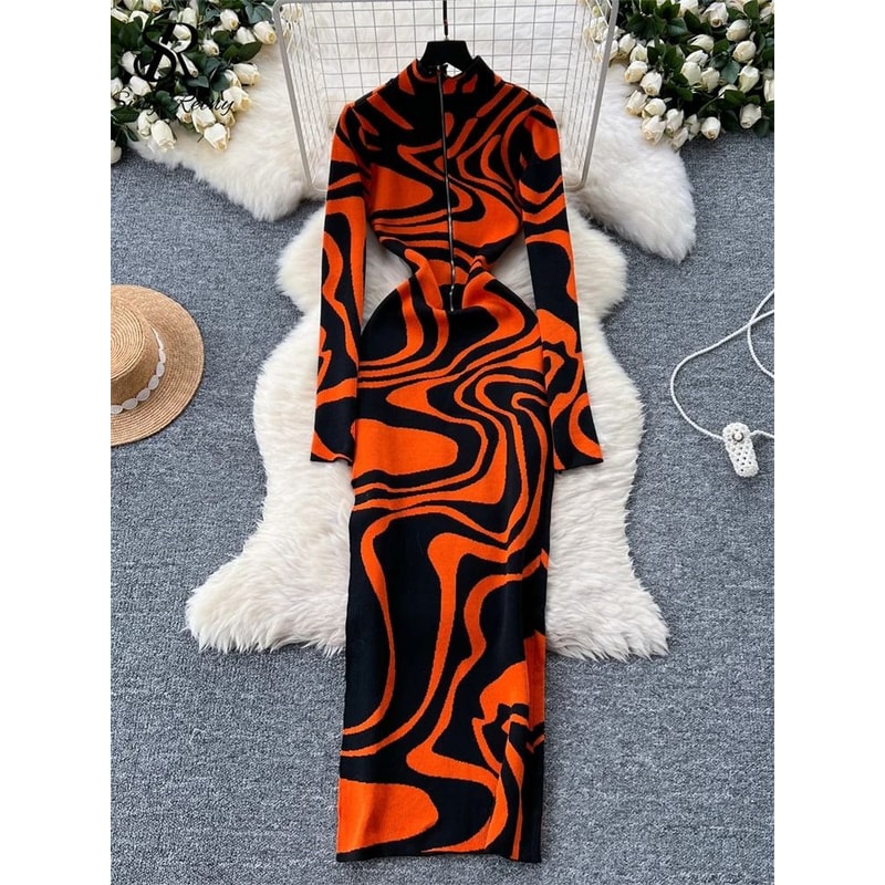 Geometric Print Zippered Bodycon Party Dress 2