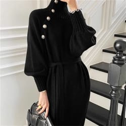 elegant lace up button detail sweater dress