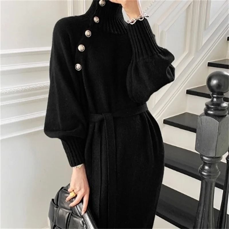 Elegant Lace Up Button Detail Sweater Dress 0