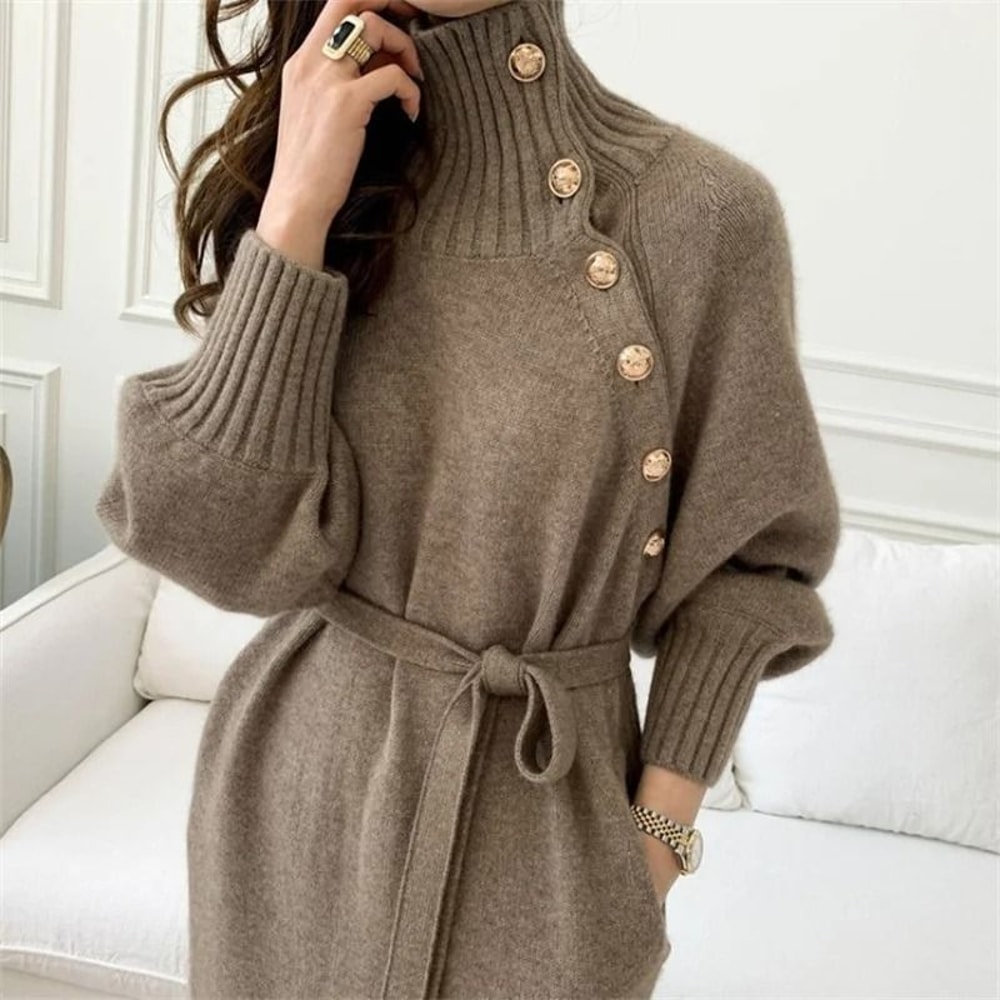 Elegant Lace Up Button Detail Sweater Dress 2
