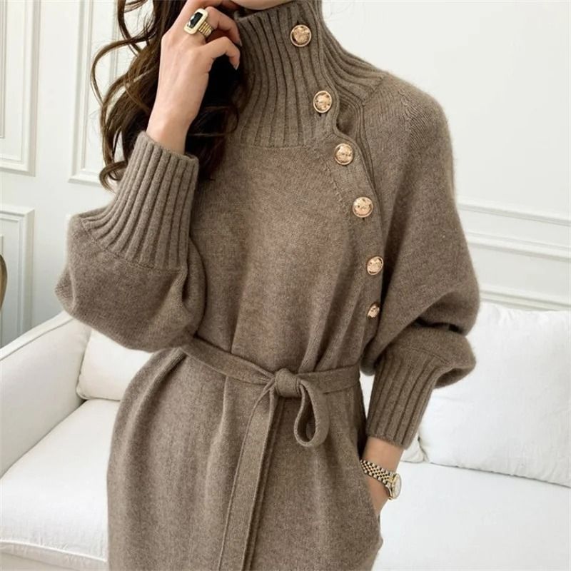 Elegant Lace Up Button Detail Sweater Dress 2