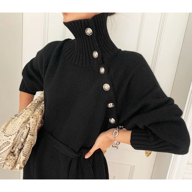 Elegant Lace Up Button Detail Sweater Dress 4