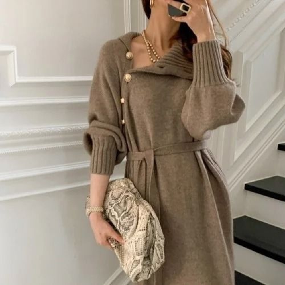 Elegant Lace Up Button Detail Sweater Dress 6