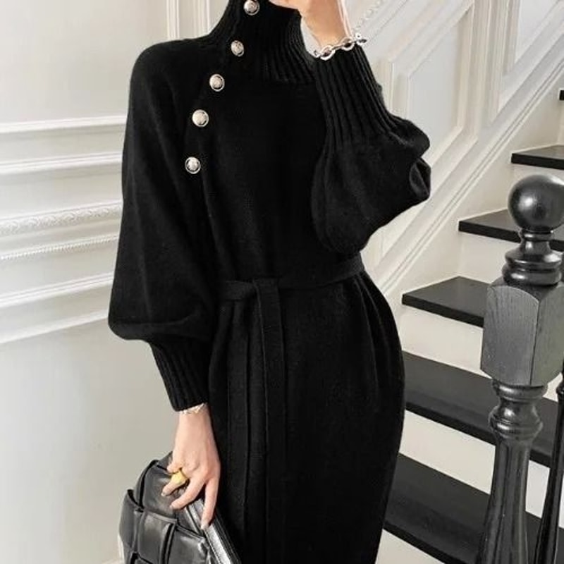 Elegant Lace Up Button Detail Sweater Dress 8