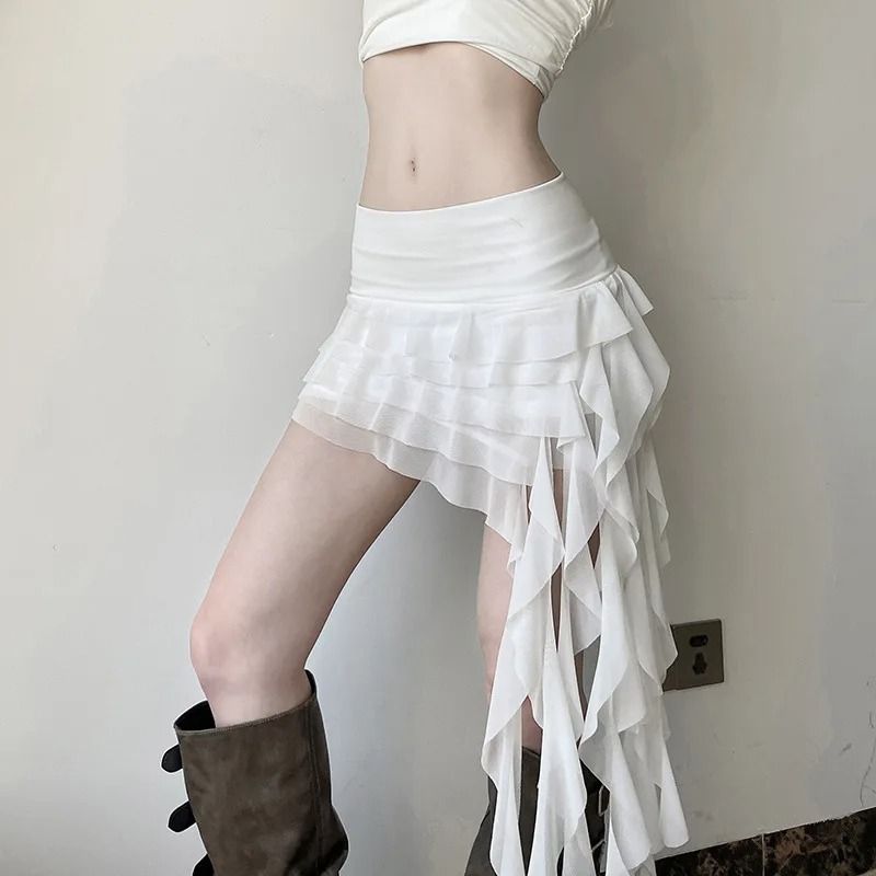 Y2K Irregular Ruffled Fringe Mini Skirt 0
