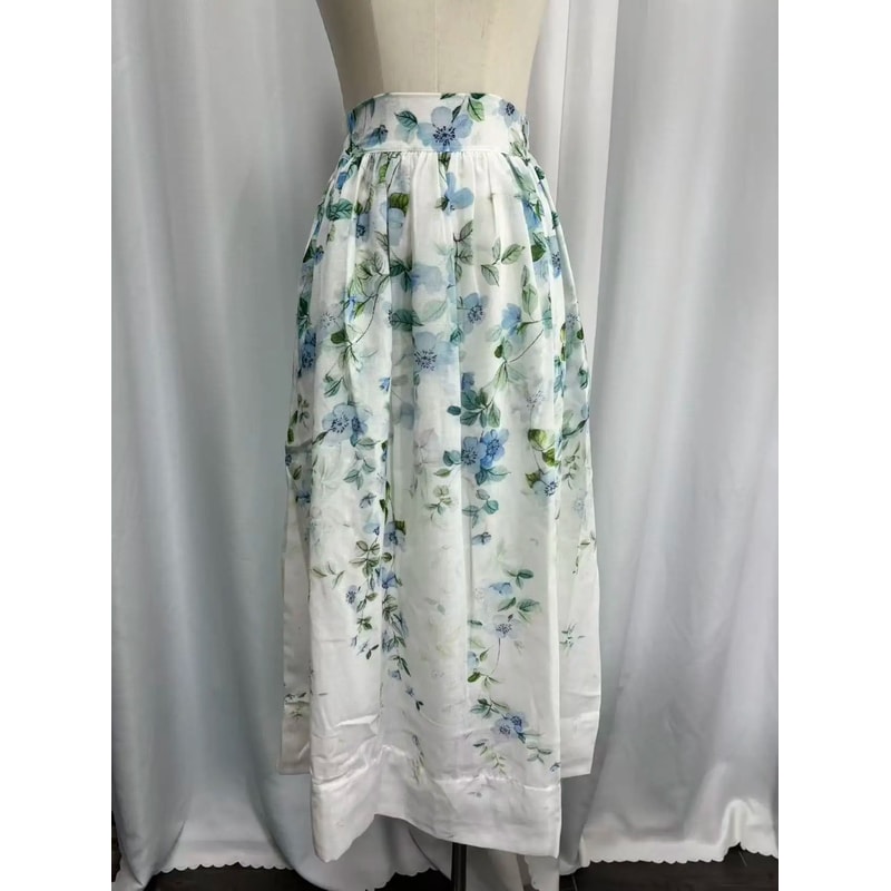 Watercolor Floral Linen High Waist Midi Skirt 0