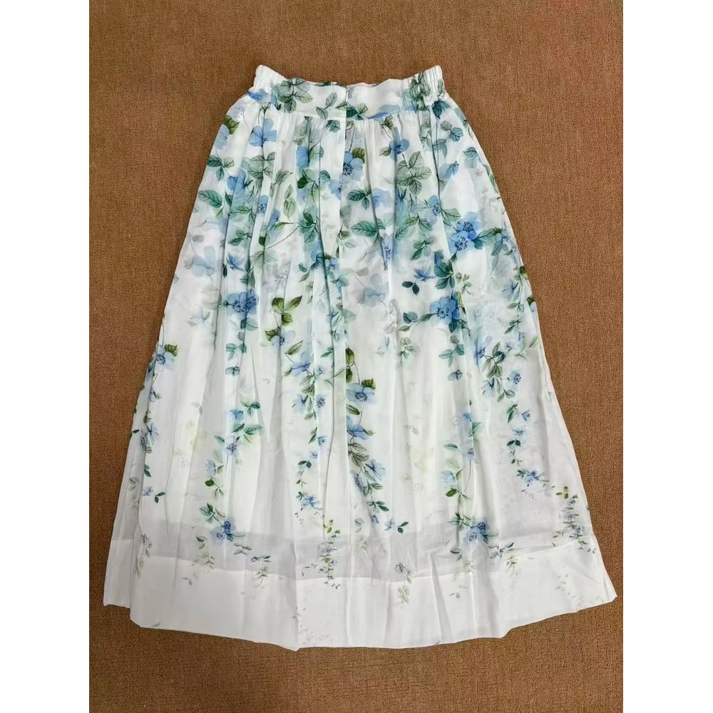 Watercolor Floral Linen High Waist Midi Skirt 2