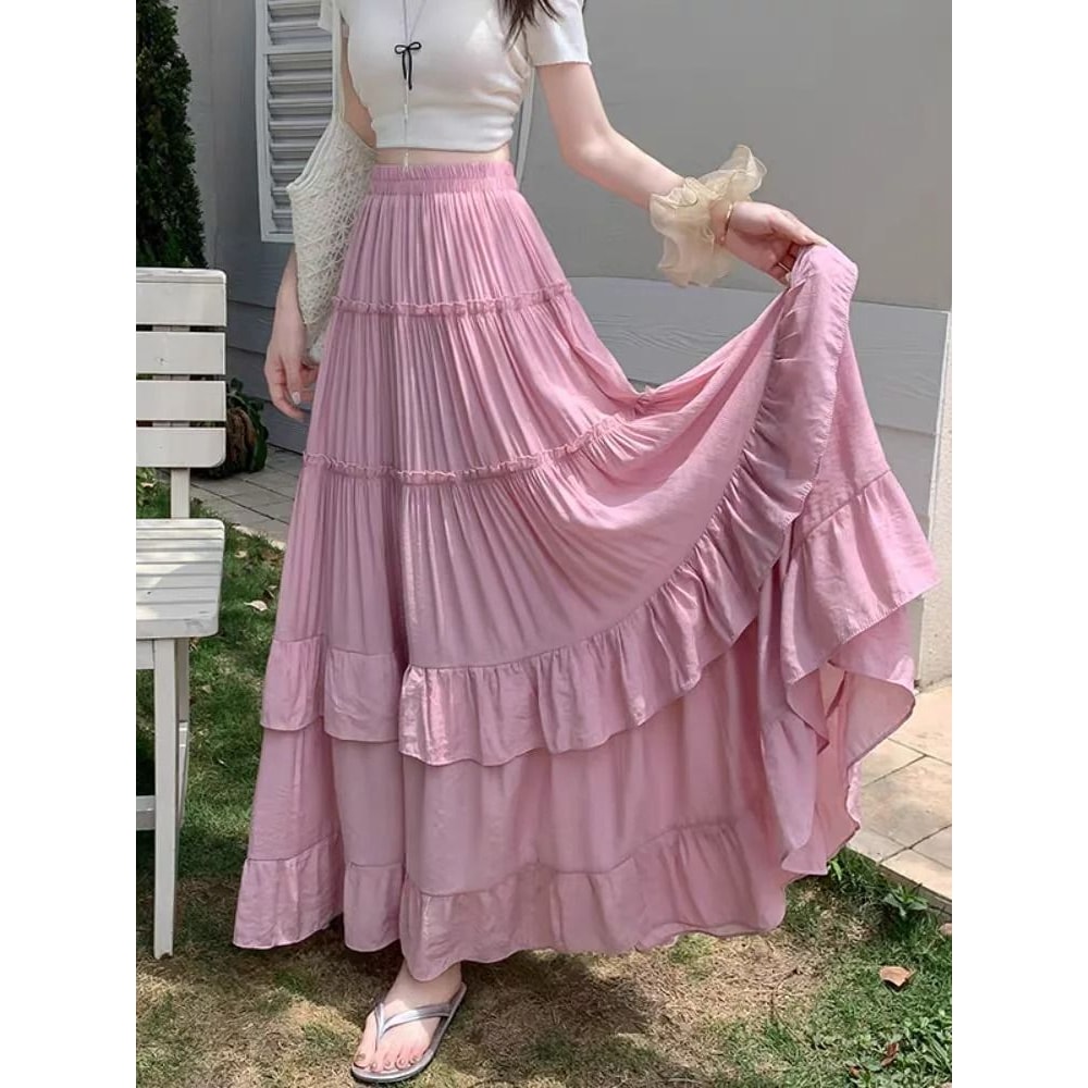 Tiered Ruffle Hem Flowy Maxi Skirt 0