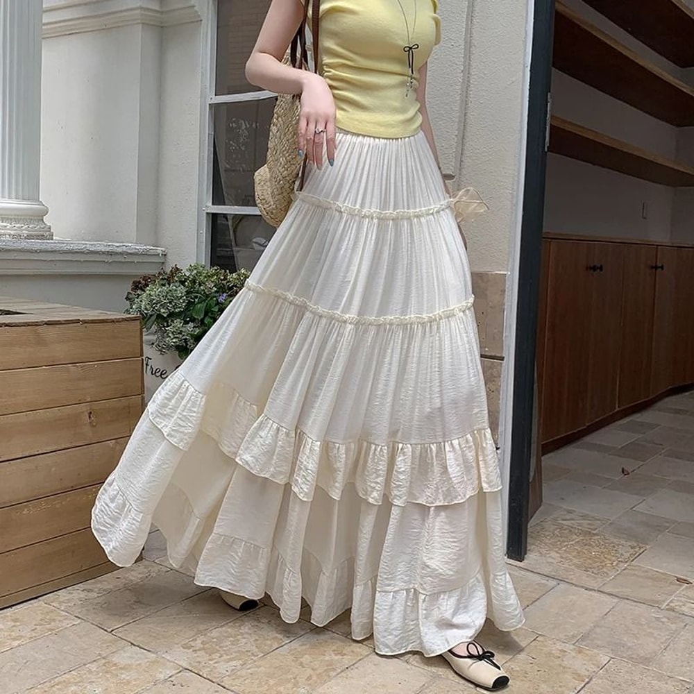 Tiered Ruffle Hem Flowy Maxi Skirt 9