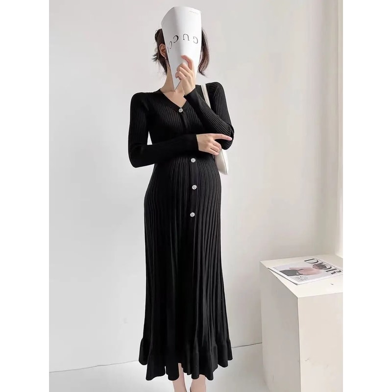 Single Breasted V Neck Fishtail Maternity Knit Dress 3