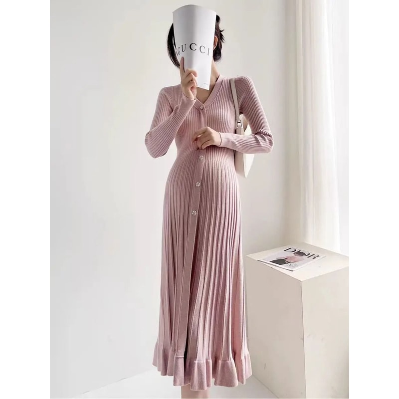 Single Breasted V Neck Fishtail Maternity Knit Dress 4