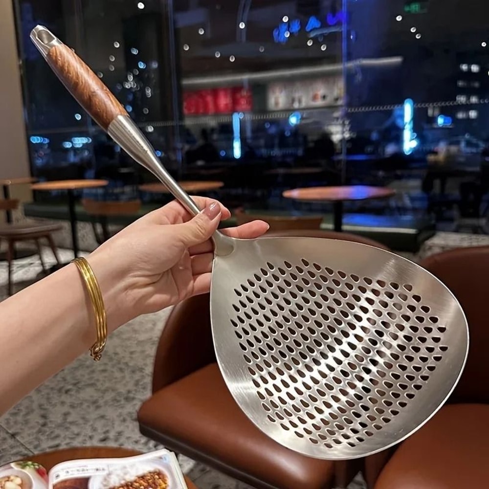 Reinforced Stainless Steel Kitchen Strainer With Wood Handle 0
